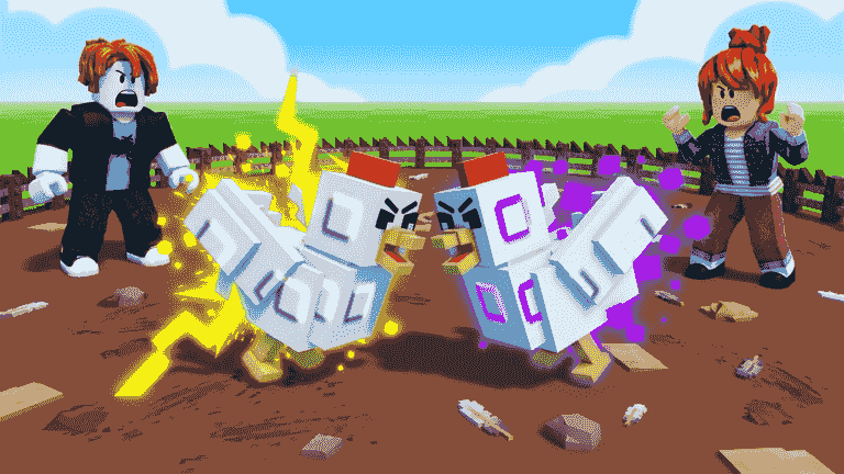 Two powered chickens fighting in a fenced pit